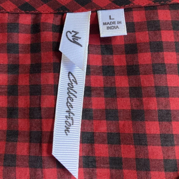 NY Collection Checked Plaid Top, Size Large, Black & Red, Eyelet, Pom-Poms - Picture 2 of 7